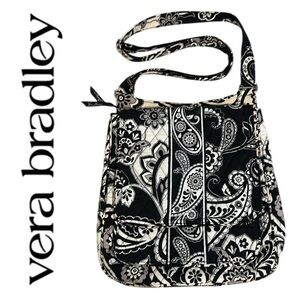 Vera Bradley Black, Tan & Cream Paisley Floral Bucket Cross Body Bag EUC